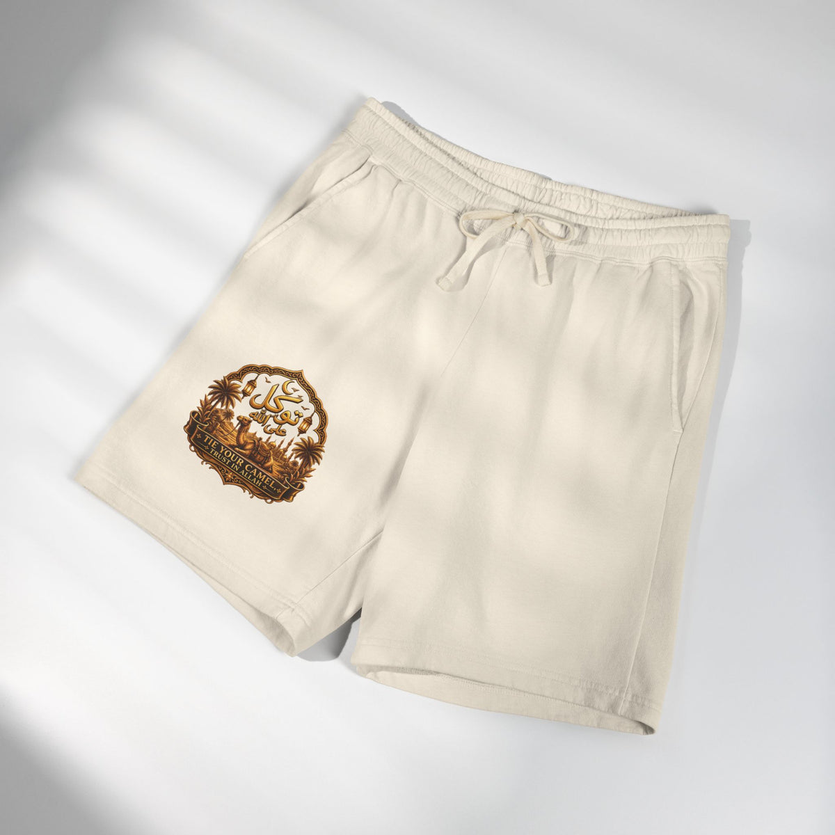 Embroidered Arabic Calligraphy Sweat Shorts — Lightweight Garment-Dyed Fleece