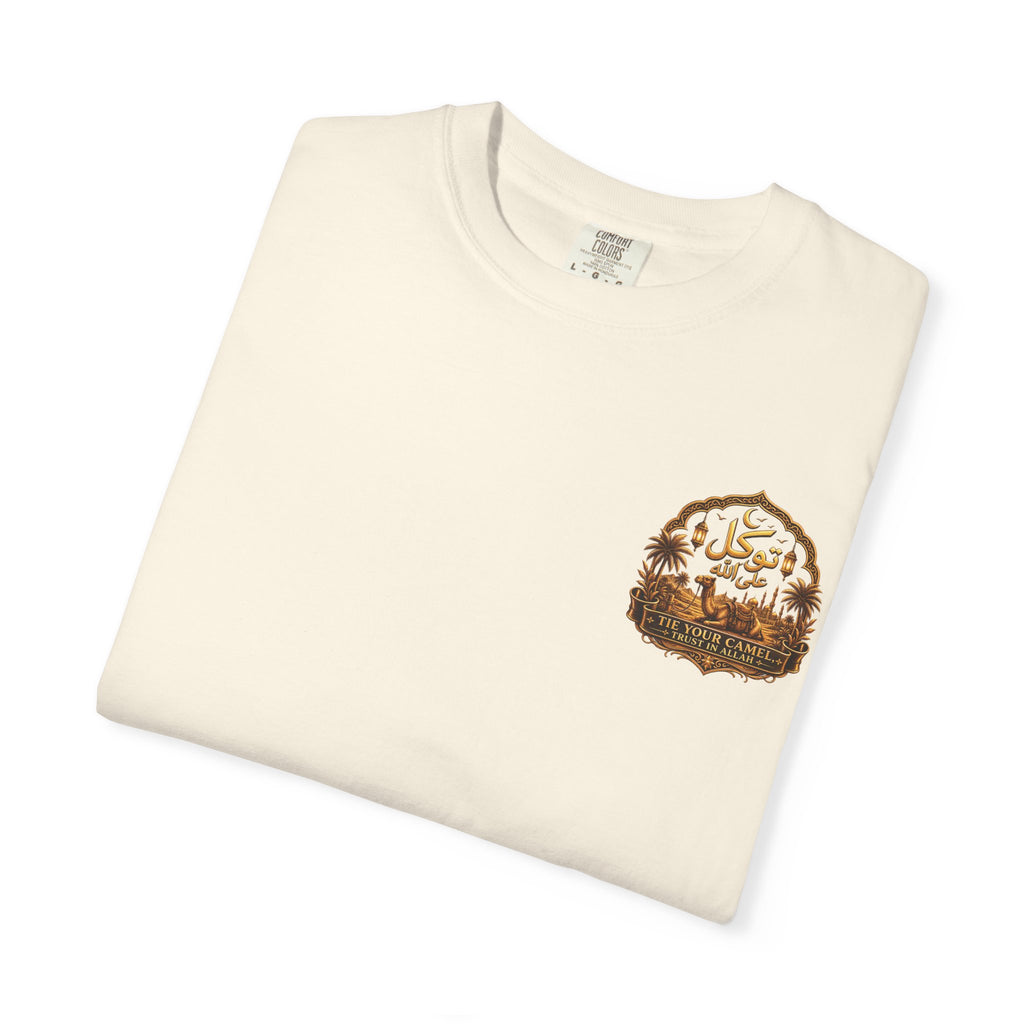 Qadr Desert Scene T-Shirt — Arabic Calligraphy & Camel Graphic