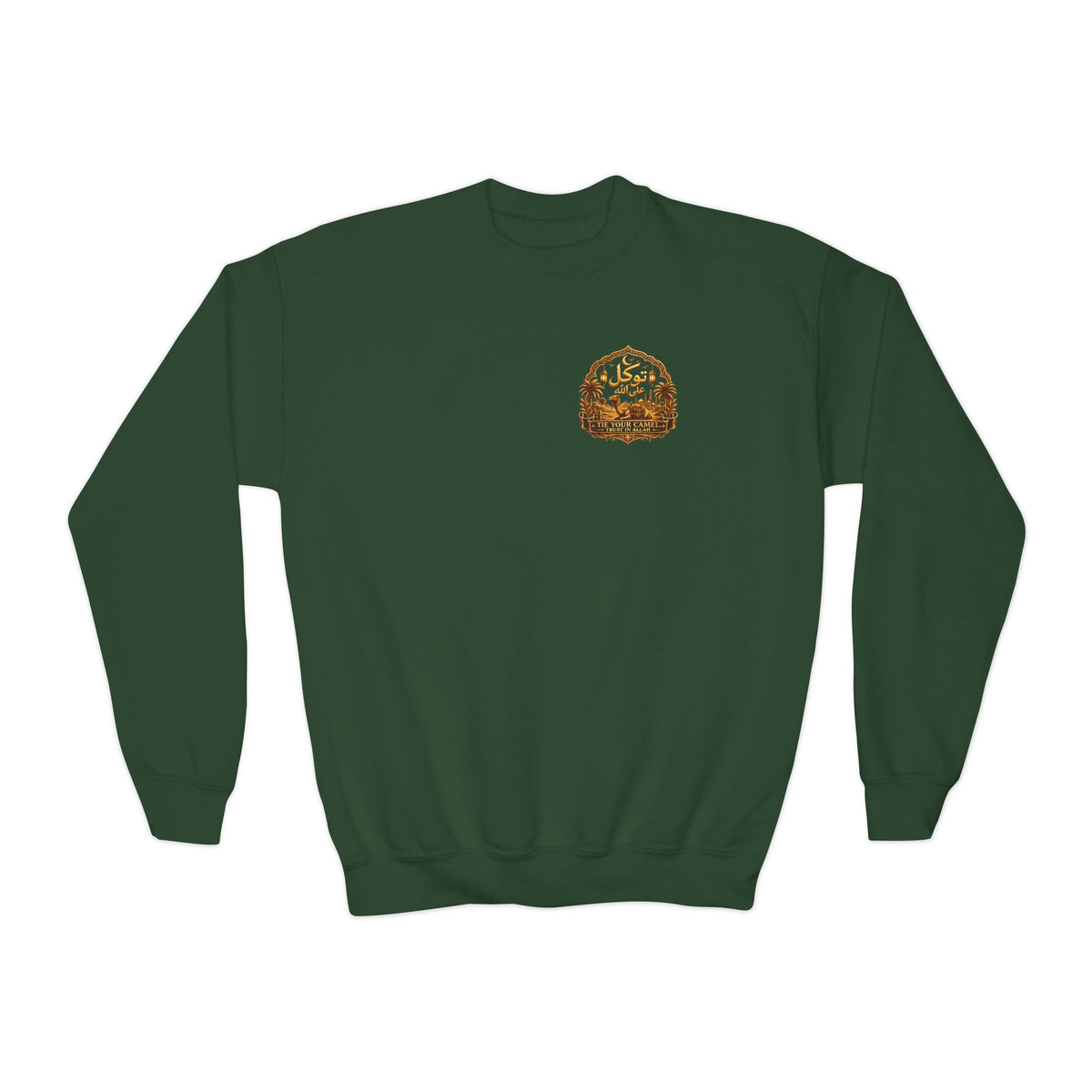 Youth Crewneck Sweatshirt — Arabic Calligraphy Gold Crest Graphic