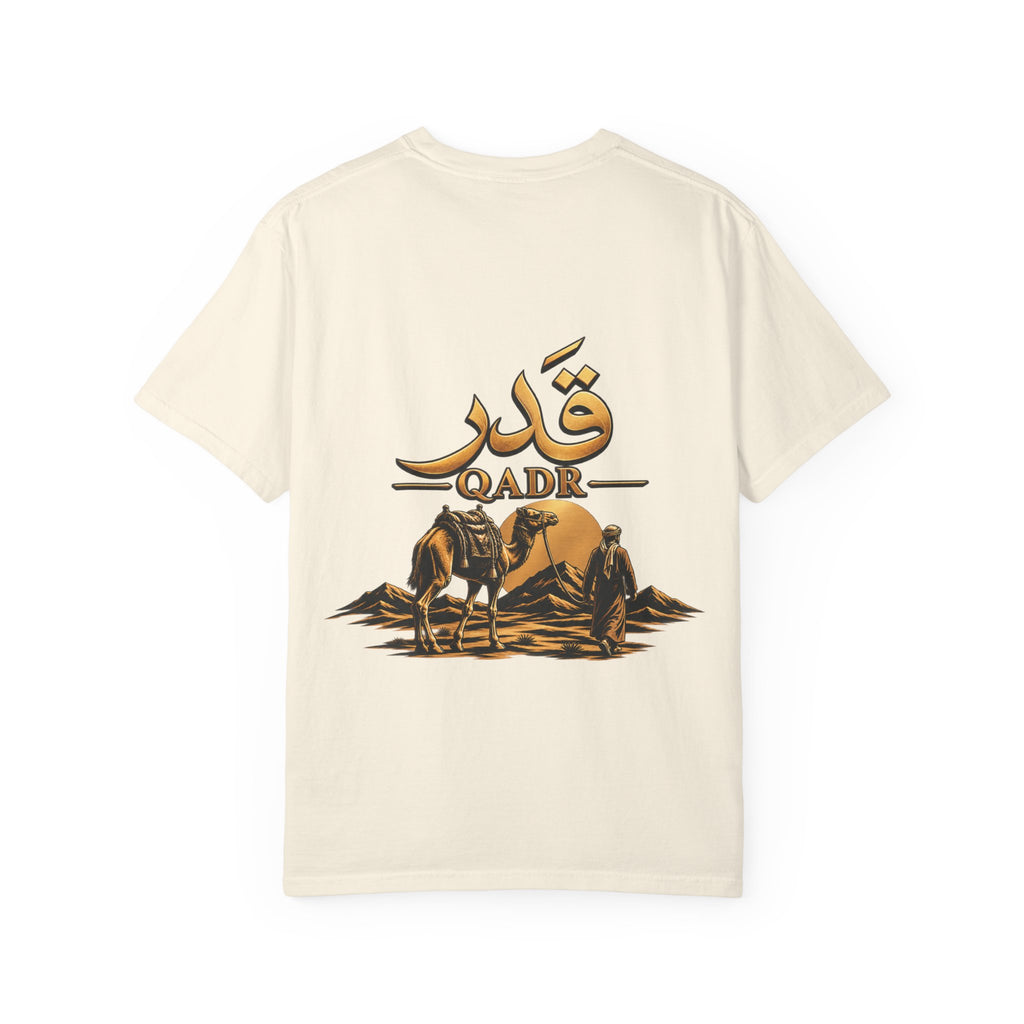 Qadr Desert Scene T-Shirt — Arabic Calligraphy & Camel Graphic