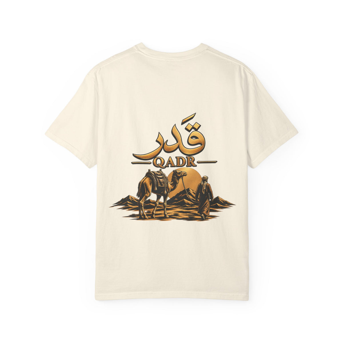 Qadr Desert Scene T-Shirt — Arabic Calligraphy & Camel Graphic