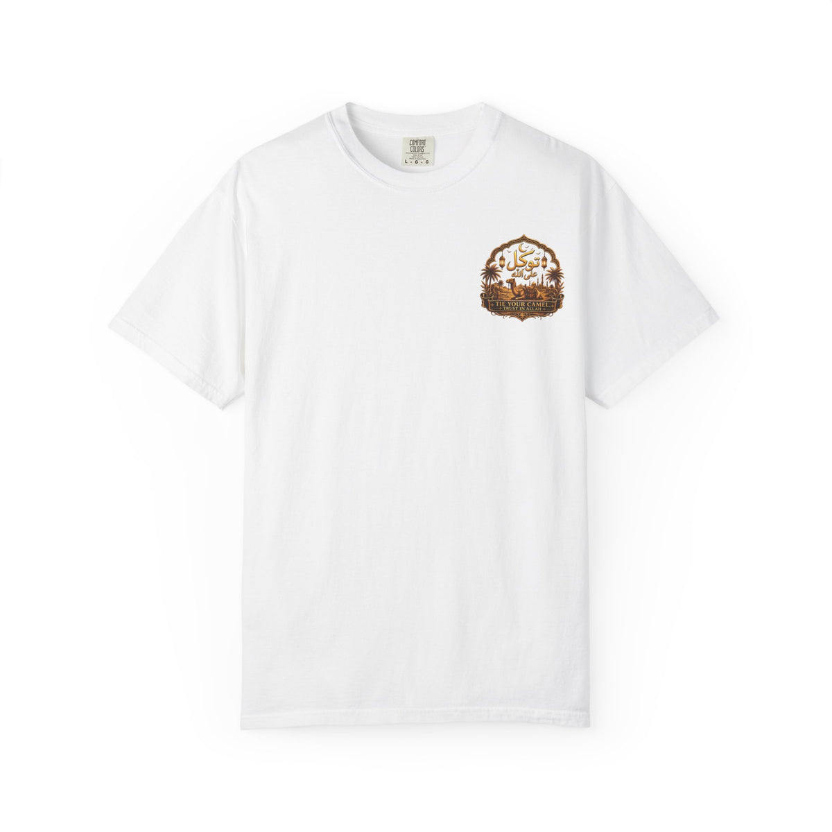 Qadr Desert Scene T-Shirt — Arabic Calligraphy & Camel Graphic