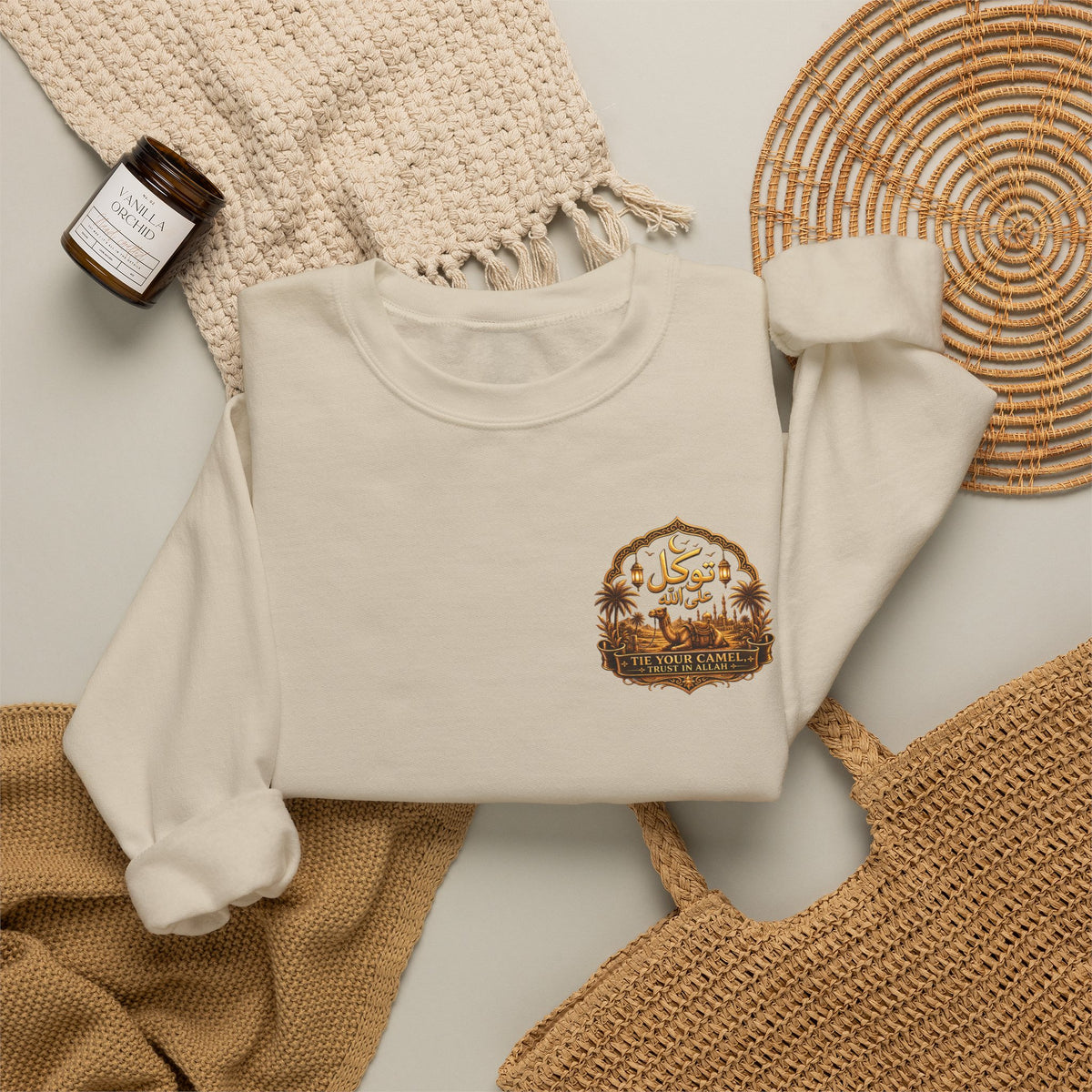 Fadl Arabic Name Crewneck Sweatshirt — Camel & Calligraphy Graphic