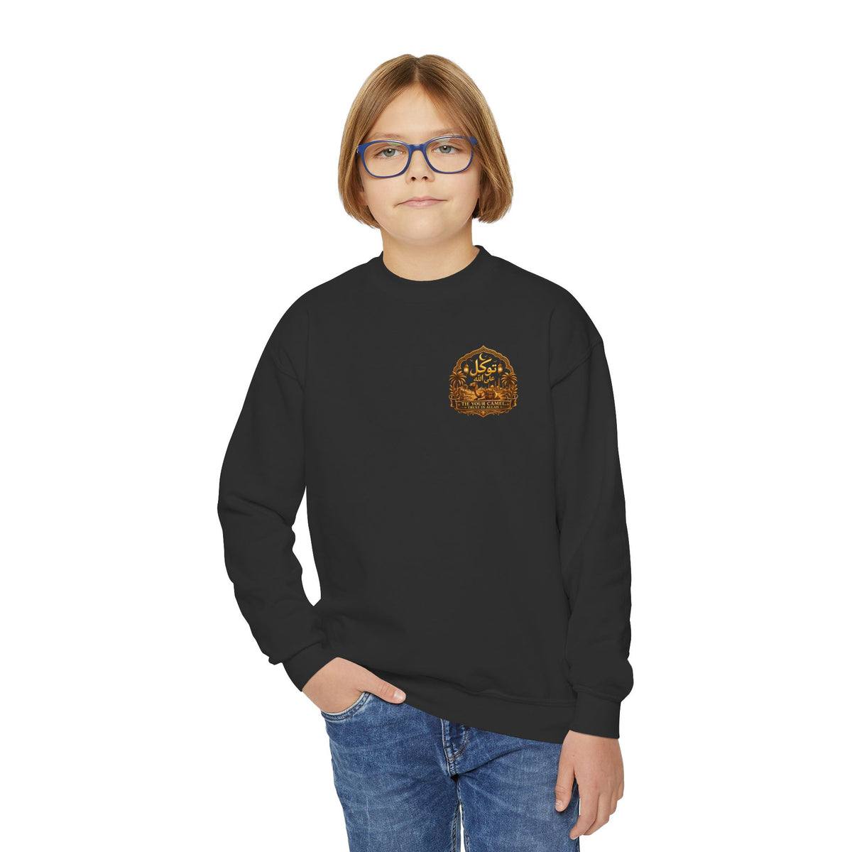 Youth Crewneck Sweatshirt — Arabic Calligraphy Gold Crest Graphic