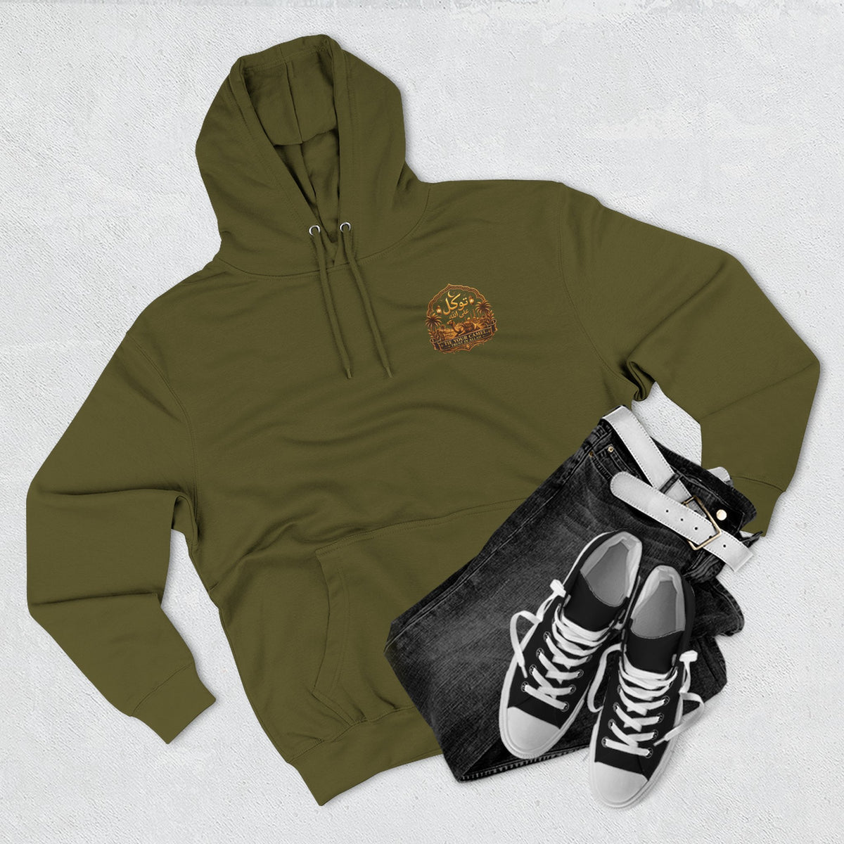 Camel Caravan Hoodie — "Nimah" Arabic Desert Design