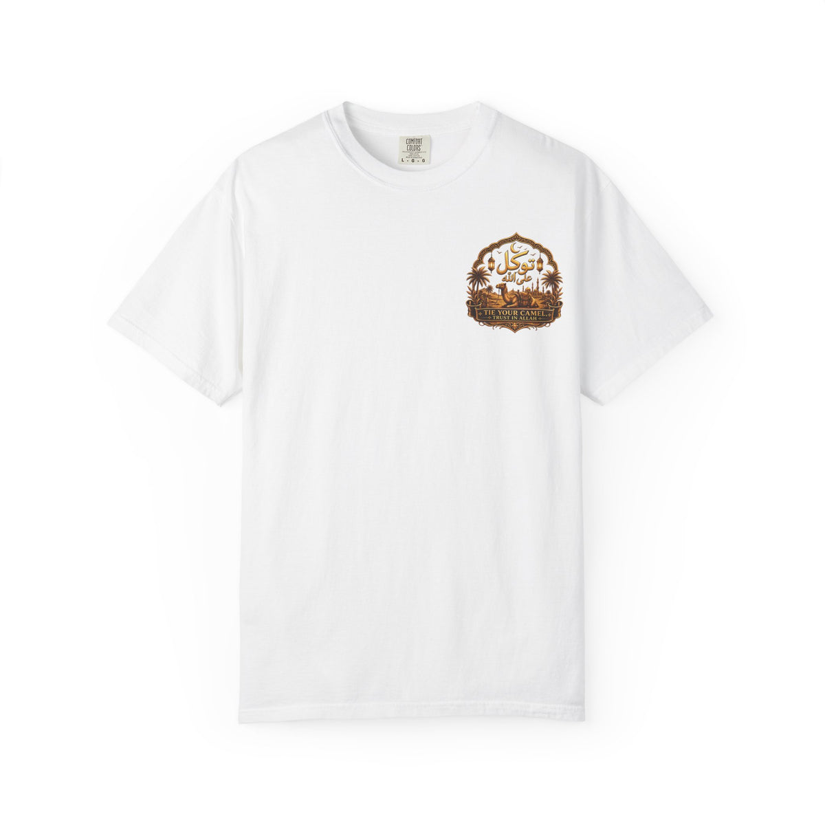 Qadr Desert Scene T-Shirt — Arabic Calligraphy & Camel Graphic