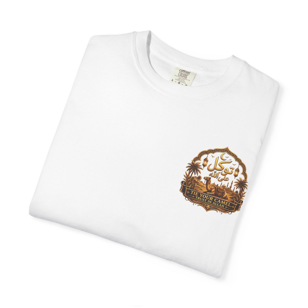 Qadr Desert Scene T-Shirt — Arabic Calligraphy & Camel Graphic